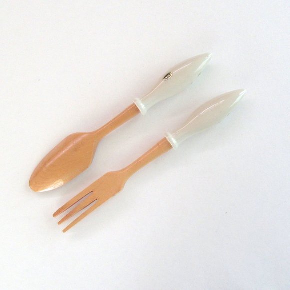 Ceramic & wood yellow floral fork and spoon salad serving pieces - Japan - Picture 8 of 12